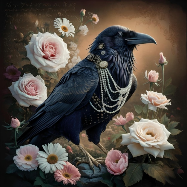 A bird with a necklace and flowers