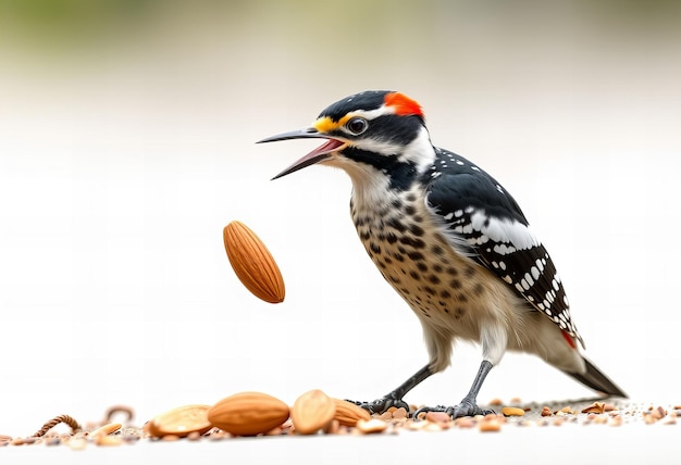 Photo a bird with an open beak is standing on a pile of nuts