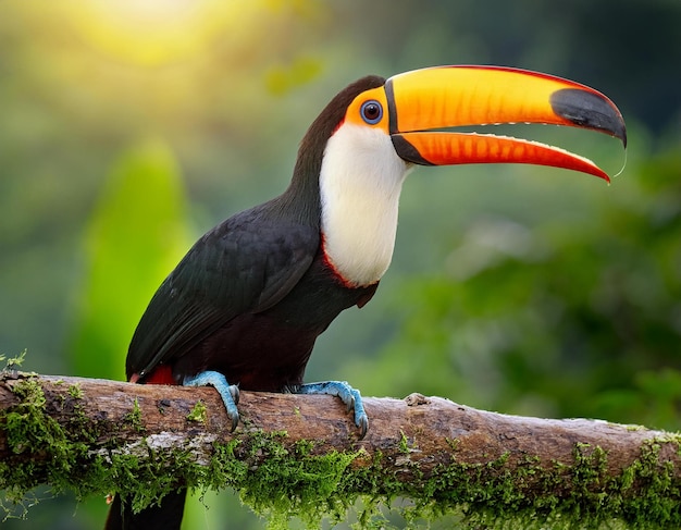 Bird with open bill Chesnutmandibled Toucan sitting on the branch in tropical rain