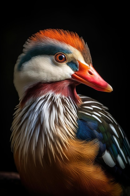 A bird with orange eyes and a red beak