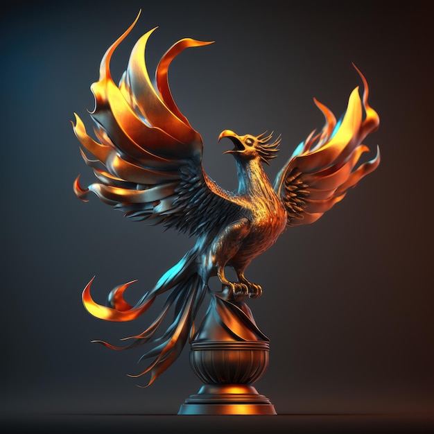 A bird with orange and yellow flames is on a pedestal.