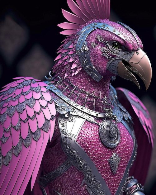 A bird with a pink feathered head and a large beak with a large number of feathers on it.