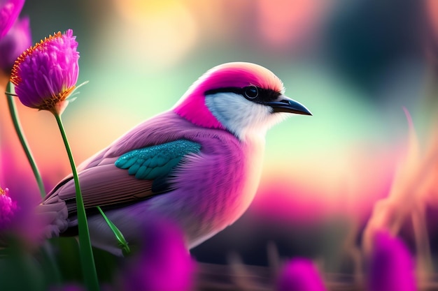 A bird with a pink head sits in a garden with a purple flower.