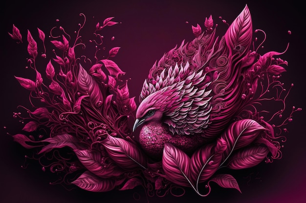 A bird with a purple background sits on a branch with leaves and flowers Generative AI