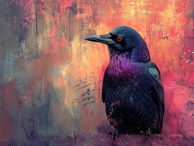 a bird with a purple beak stands in front of a red background