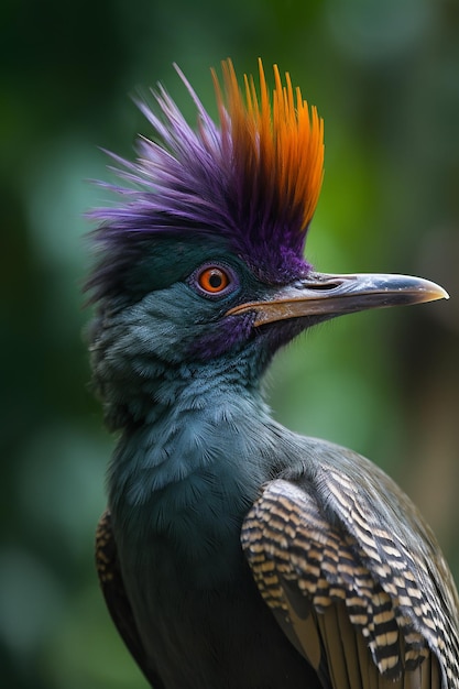 A bird with purple and orange feathers and a black beak