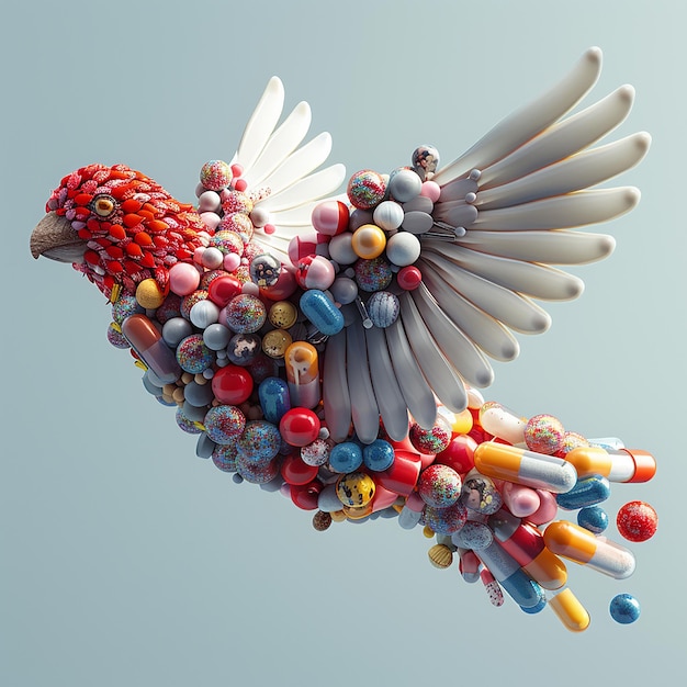 Photo a bird with a red beak is flying through a bunch of pills