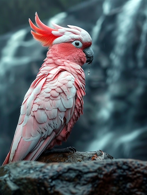 a bird with a red beak is sitting on a rock