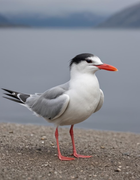 Photo a bird with a red beak stands on a concrete ledge by a lake