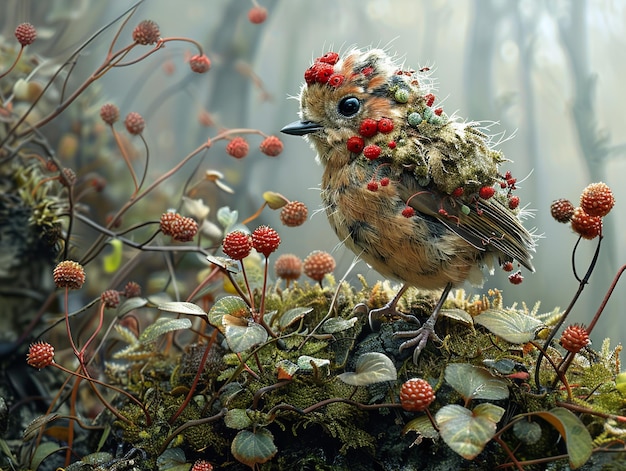 a bird with red berries on its head sits on a pile of pine cones