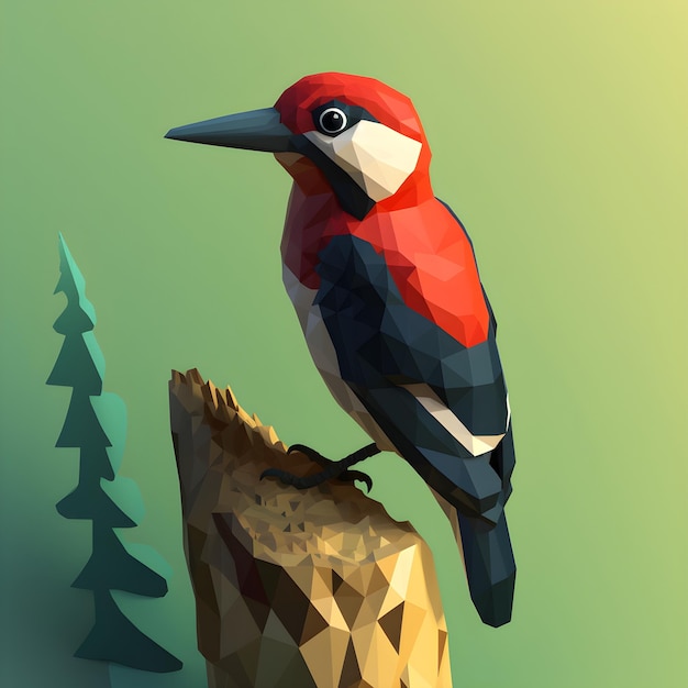 A bird with a red and black head sits on a tree stump.