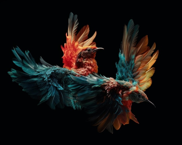 A bird with a red and blue wings is on a black background.