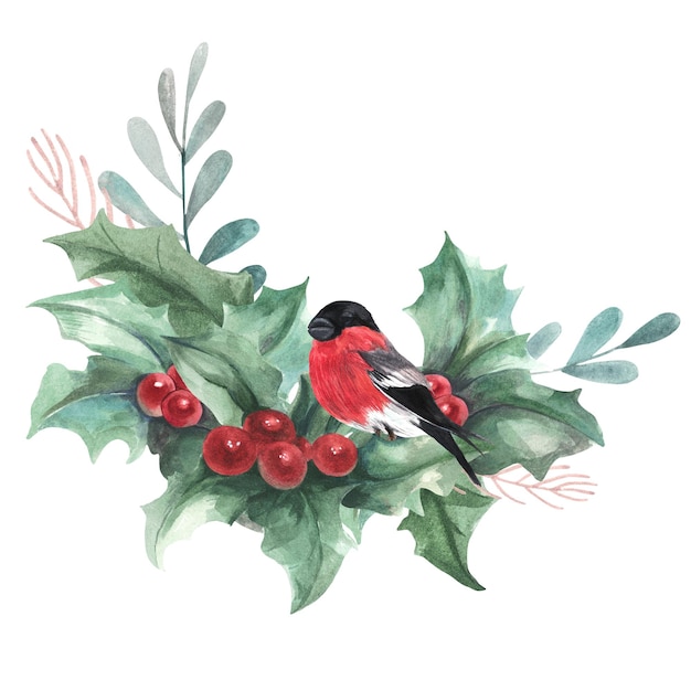 A bird with a red breast on a Christmas leaves Branches of berries snowflakes Watercolor illustration Isolate