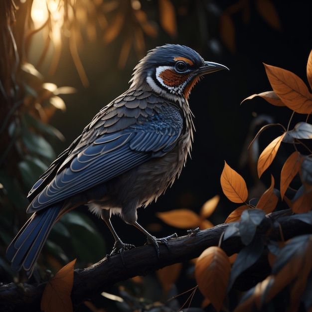 A bird with a red eye and a blue and white stripe on its chest sits on a branch.