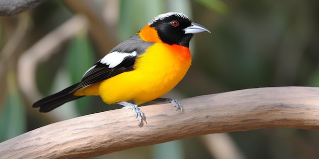 A bird with a red eye is sitting on a branch.