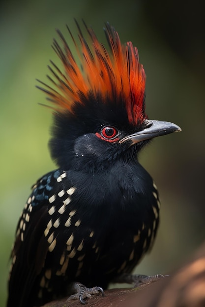 A bird with red feathers and a white eye