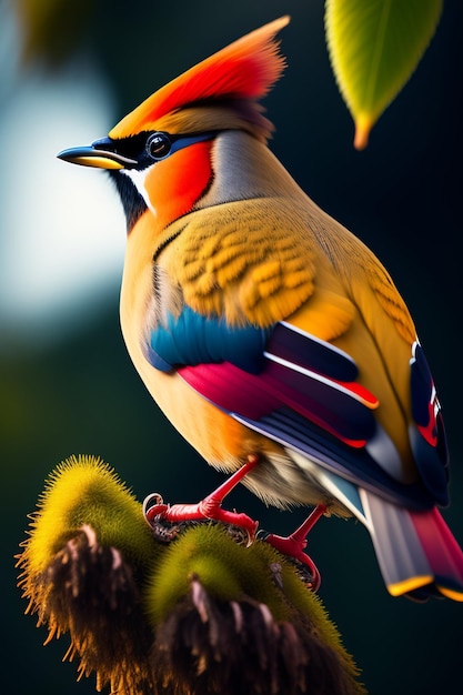 A bird with a red head and a yellow head is sitting on a branch.