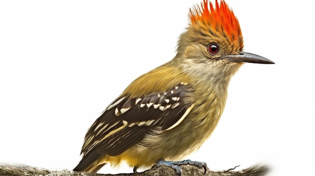 A bird with red and yellow feathers and a red head sits on a branch.