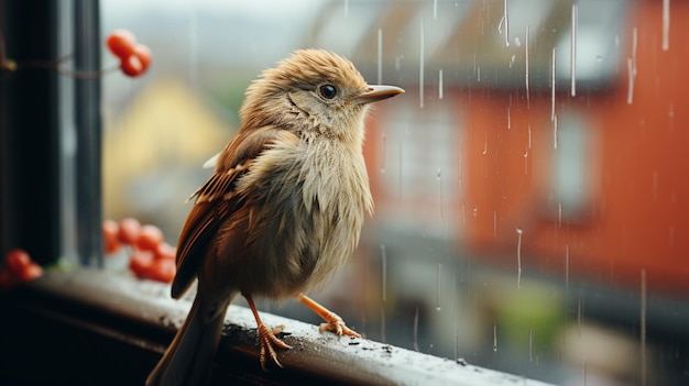 a bird with a small beak standing before the window