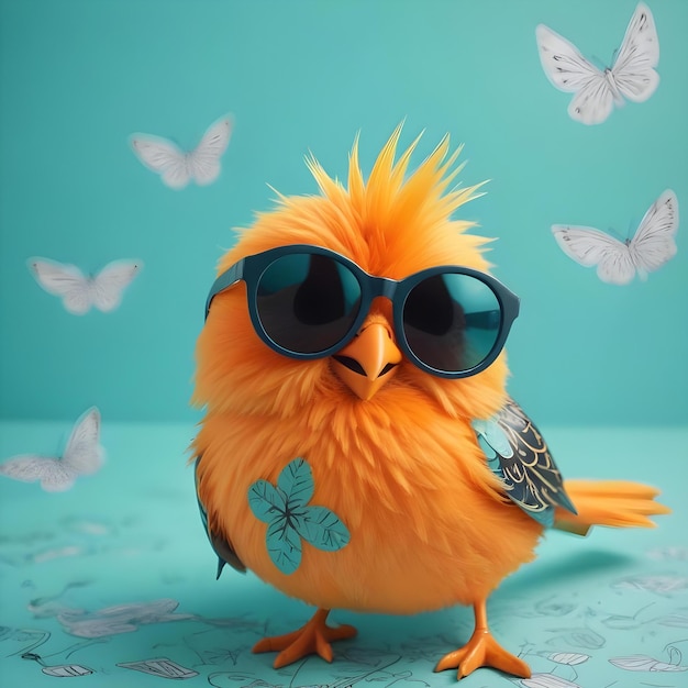 Photo a bird with sunglasses and a pair of sunglasses with butterflies in the background