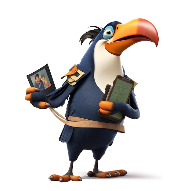 A bird with a toucan on his shoulder is holding a badge