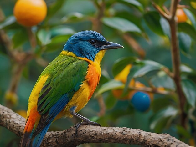 Photo a bird with vibrant multicolored perched on a small tree background