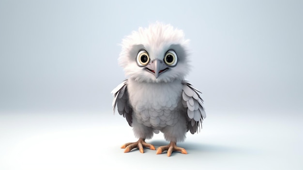 A bird with a white face and green eyes is standing on a white surface.