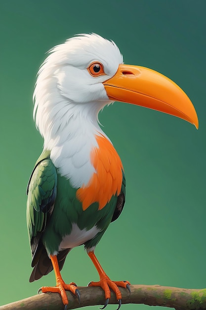 A bird with a white head and orange beak stands on a green background