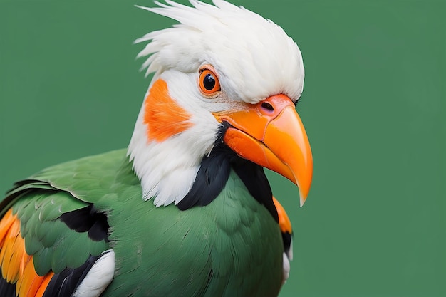 A bird with a white head and orange beak stands on a green background