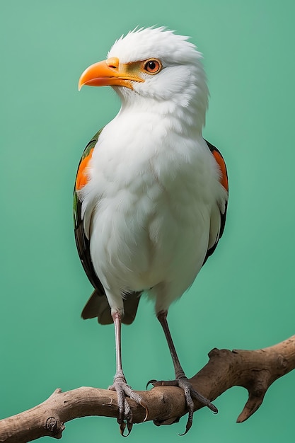 A bird with a white head and orange beak stands on a green background