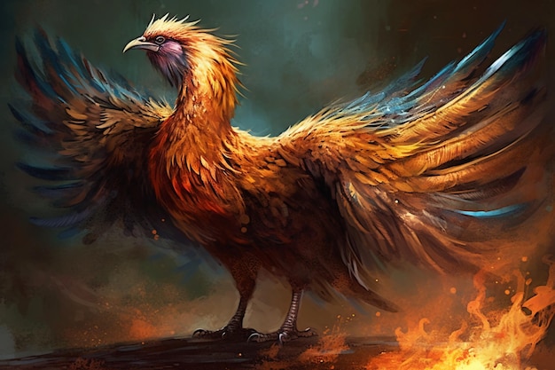 A bird with wings spread stands on a fire.