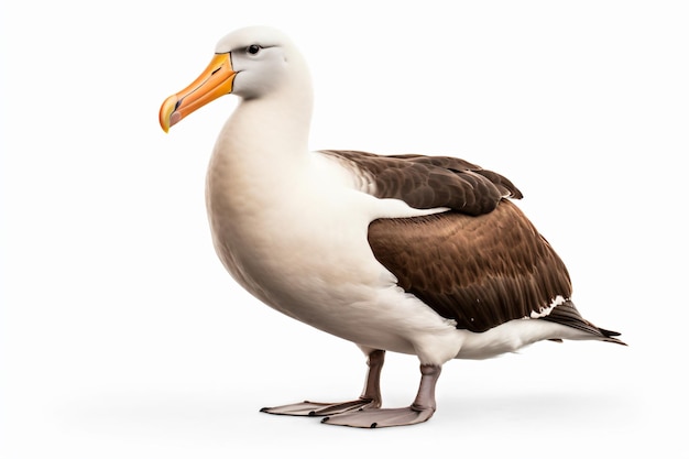 A bird with a yellow beak and a black beak is standing on a white background.