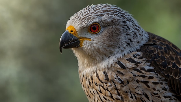 a bird with a yellow beak and a black beak with a red eye