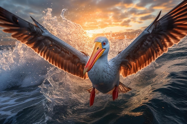 A bird with a yellow beak flies over the ocean