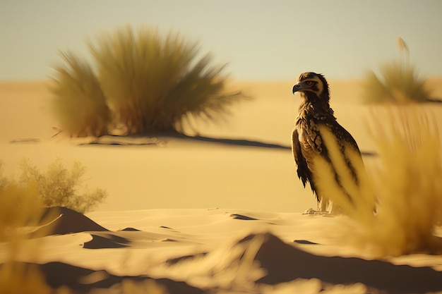 A bird with a yellow beak stands in the sand in front of a bush.