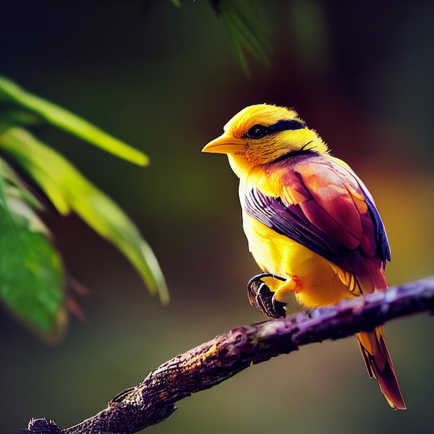 A bird with yellow and black feathers is perched on a branch.