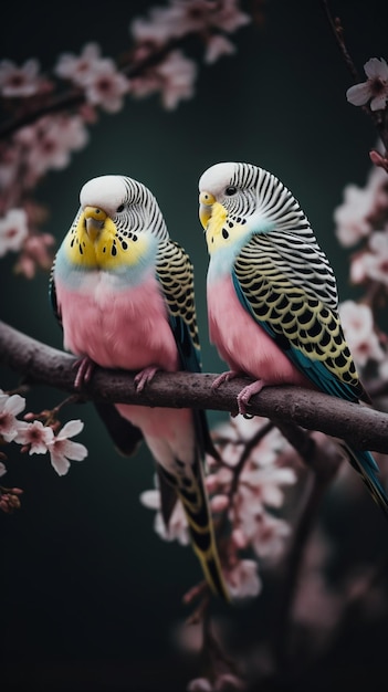 A bird with a yellow breast sits on a branch with pink flowers.