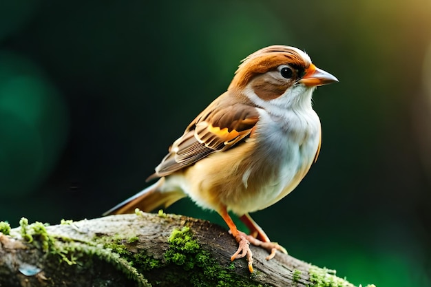 A bird with a yellow eye and a red spot on its chest sits on a branch.