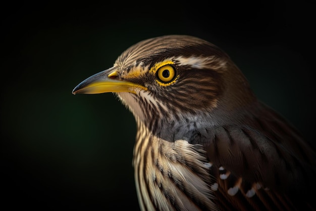 A bird with yellow eyes and a black background