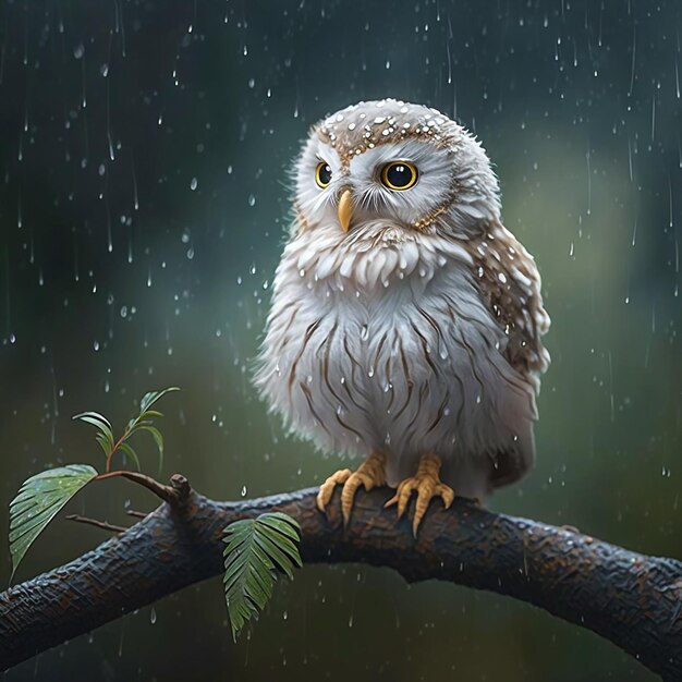 A bird with yellow eyes sits on a branch in the rain.