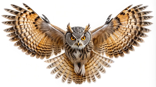 Photo a bird with yellow eyes and a white background with a picture of a owl