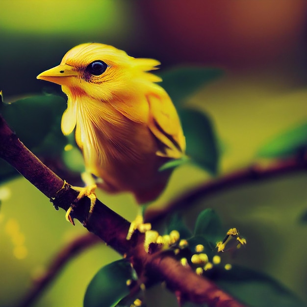 A bird with yellow feathers is perched on a branch.