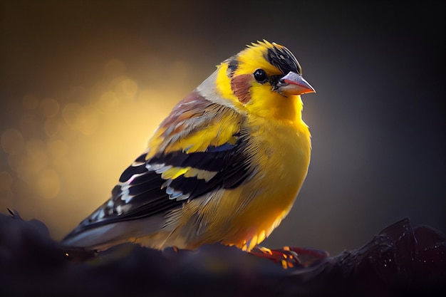 A bird with a yellow head and black and white feathers is sitting on a branch