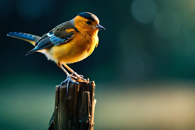 A bird with a yellow head and blue feathers