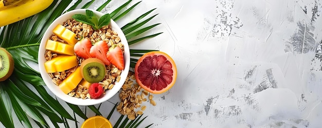 Bird39s eye view of a bowl with granola and tropical fruits Concept Food Photography Breakfast Ideas Fresh Ingredients Healthy Eating Aerial Shot