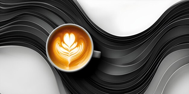 Photo bird39s eye view of d coffee cup with latte art set against a wave background concept photography bird39s eye view coffee cup latte art wave background