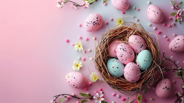 A bird39s nest is filled with pastelcolored eggs and surrounded by spring flowers