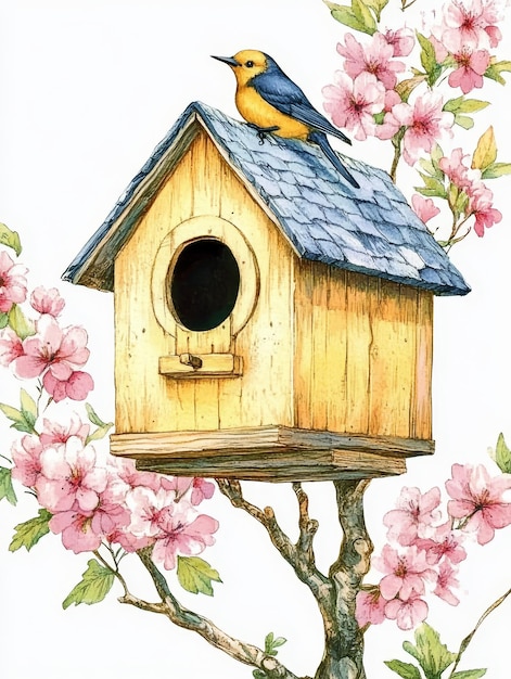 Photo birdhouse in a blooming tree