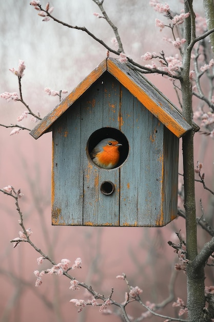 Photo a birdhouse hanging from a tree branch with a small bird inside isolated on a pastel lavender background