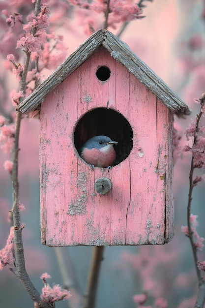 Photo a birdhouse hanging from a tree branch with a small bird inside isolated on a pastel lavender background